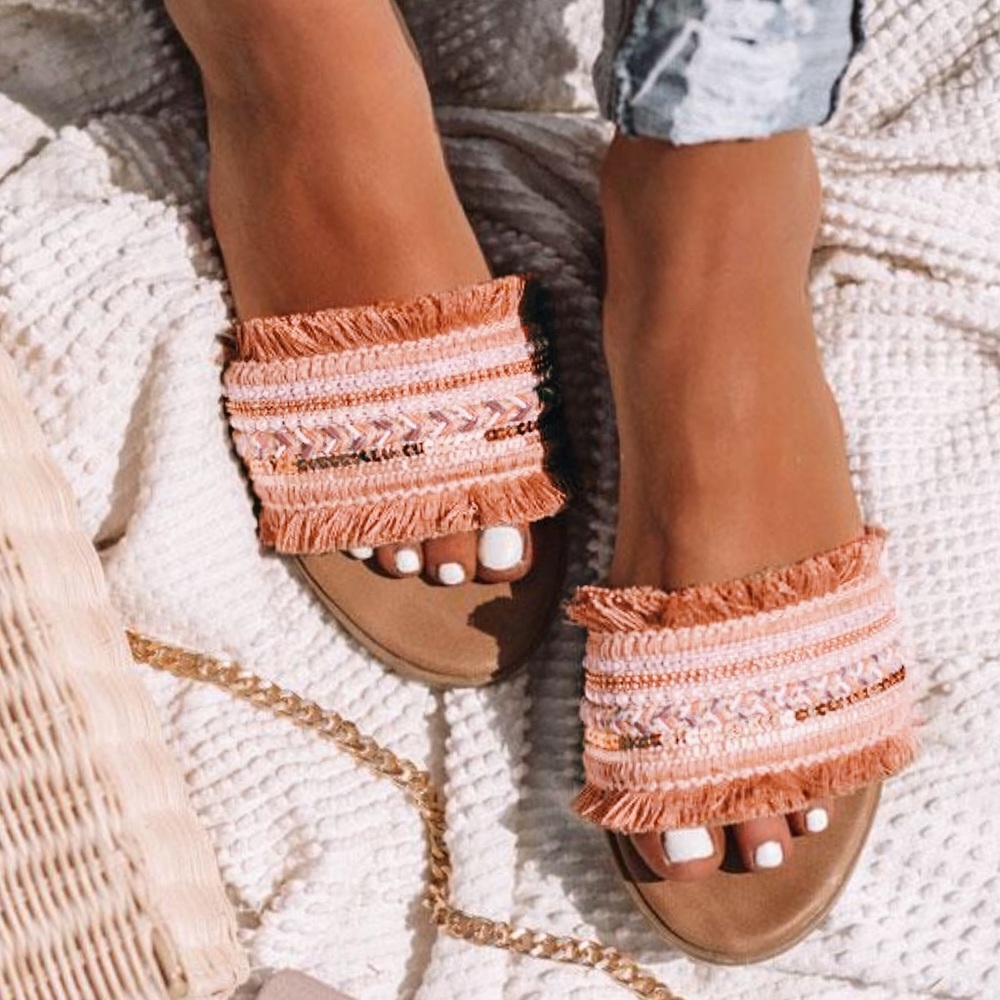 Embellished Mauve Fringe Tassel Trim Flat Sandals - Picture 2 of 3